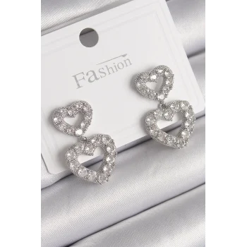 Pirinç Gümüş Renk Zirkon Taşlı Sallantı Kalp Model Kadın Küpe