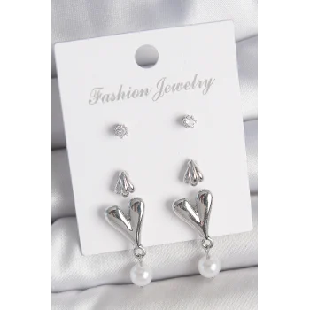 Pirinç Gümüş Renk Zirkon Taşlı Sallantılı Kalp Model 3 Çift Kadın Küpe Seti