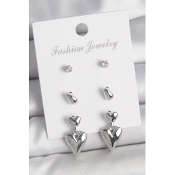Pirinç Gümüş Renk Zirkon Taşlı Sallantılı Kalp Model 3 Çift Kadın Küpe Seti