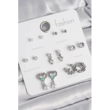 Pirinç Gümüş Renk Zirkon Taşlı Sallantılı Kalp Model Çiçek Detay 7 Çift Kadın Küpe Seti