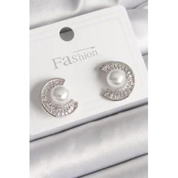 Pirinç Gümüş Renk Zirkon Taşlı Salyangoz Model İnci Detay Kadın Küpe