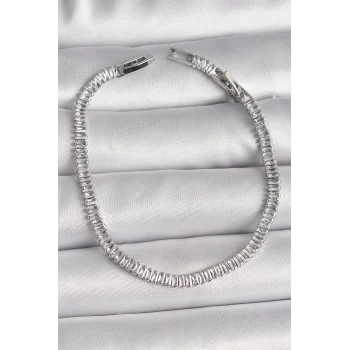 Pirinç Gümüş Renk Zirkon Taşlı Su Yolu Model Kadın Bileklik