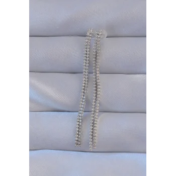 Pirinç Gümüş Renk Zirkon Taşlı Su Yolu Model Küpe