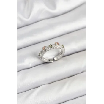 Pirinç Gümüş Renk Zirkon Taşlı Vintage Kadın Yüzük