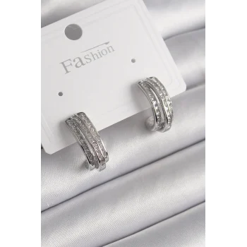 Pirinç Gümüş Renk Zirkon Taşlı Yarım Halka Model Kadın Küpe