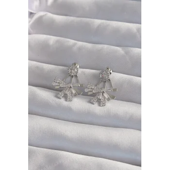 Pirinç Gümüş Renk Zirkon Taşlı Yassı Fiyonk Model Küpe