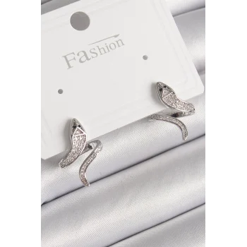Pirinç Gümüş Renk Zirkon Taşlı Yılan Model Kadın Küpe