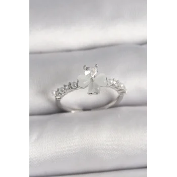 Pirinç Gümüş Renk Zirkon Taşlı Yonca Model İnci Detay Ayarlanabilir Yüzük