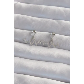 Pirinç Gümüş Renk Zirkon Taşlı Zikzak Küpe