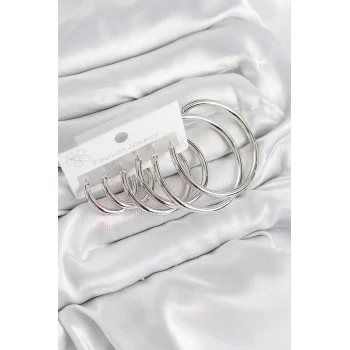 Pirinç Halka Model Gümüş Renk Kadın Set Küpe