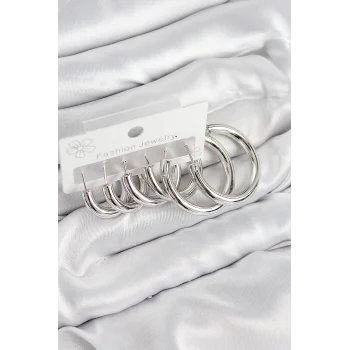 Pirinç Halka Model Gümüş Renk Kadın Set Küpe