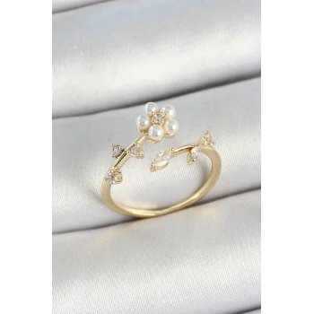 Pirinç İnci Detaylı Papatya Figürlü Zirkon Taşlı Gold Renk Ayarlanabilir Kadın Yüzük