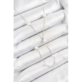 Pirinç İnci Figürlü Y Model Gümüş Renk Kadın Kolye