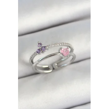 Pirinç Kalp Ve Çiçek Figürlü Zirkon Taşlı Gümüş Renk Ayarlanabilir Kadın Yüzük