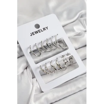 Pirinç Karışık Halka Model Gümüş Renk 6 Çift Kadın Küpe Set