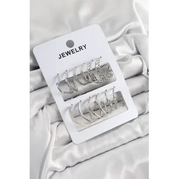 Pirinç Karışık Halka Model Gümüş Renk 6 Çift Kadın Küpe Set