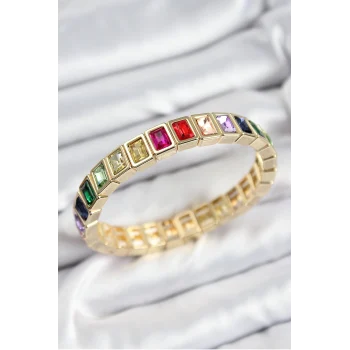 Pirinç Karışık Zirkon Taşlı Dikdörtgen Model Gold Renk Lastikli Kadın Bileklik