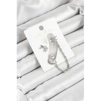 Pirinç Kelebek Figürlü Zirkon Taşlı Gümüş Renk 3lü Kıkırdak Kadın Küpe Set