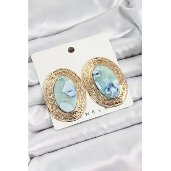 Pirinç Mermer Desenlli Mavi Sedef Oval Vintage Model Gold Renk Kadın Küpe