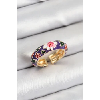 Pirinç Mor Mineli Çiçek Motifli Gold Renk Ayarlanabilir Kadın Yüzük