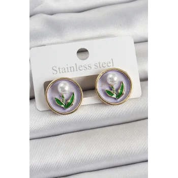 Pirinç Mor Mineli Lale Figürlü Sanatsal Portre Model Gold Renk Kadın Küpe