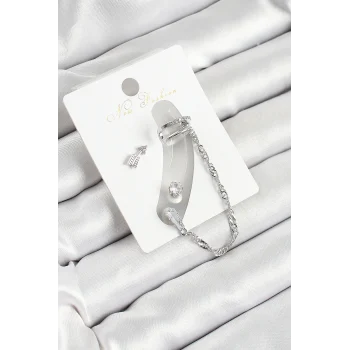 Pirinç Ok Figürlü Zirkon Taşlı Gümüş Renk 3lü Kıkırdak Kadın Küpe Set