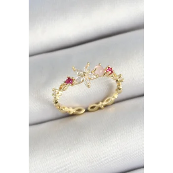 Pirinç Papatya Figürlü Zirkon Taşlı Gold Renk Ayarlanabilir Kadın Yüzük