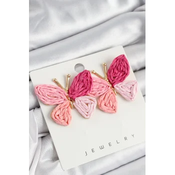 Pirinç Pembe Kelebek Model Gold Renk Kadın Hasır Küpe