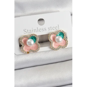 Pirinç Pembe Mineli İnci Detaylı Zirkon Taşlı Sanatsal Portre Yonca Model Gold Renk Kadın Küpe