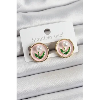 Pirinç Pembe Mineli Lale Figürlü Sanatsal Portre Model Gold Renk Kadın Küpe