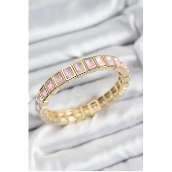 Pirinç Pembe Zirkon Taşlı Dikdörtgen Model Gold Renk Lastikli Kadın Bileklik