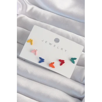 Pirinç Rengarenk Mineli Minimal Kelebek Küpe Seti