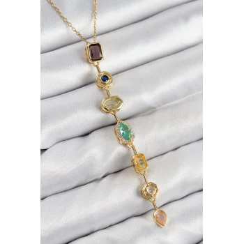 Pirinç Renkli Zirkon Taşlı Model Gold Renk 7 Element Kadın Y Kolye