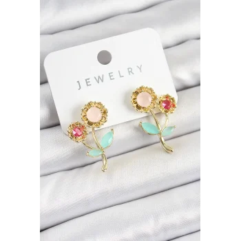 Pirinç Renkli Zirkon Taşlı Papatya Model Gold Renk Kadın Küpe