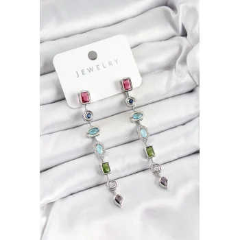 Pirinç Renkli Zirkon Taşlı Sallantılı Model Gümüş Renk Kadın Küpe