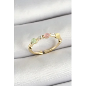 Pirinç Sıralı Boncuk Figürlü Zirkon Taşlı Gold Renk Ayarlanabilir Kadın Yüzük