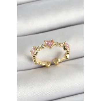 Pirinç Sıralı Kalp Figürlü Zirkon Taşlı Gold Renk Ayarlanabilir Kadın Yüzük