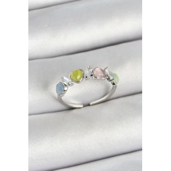 Pirinç Sıralı Kalp Figürlü Zirkon Taşlı Gümüş Renk Ayarlanabilir Kadın Yüzük