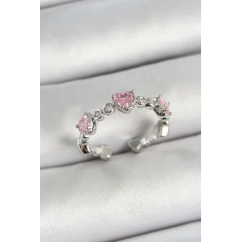 Pirinç Sıralı Kalp Figürlü Zirkon Taşlı Gümüş Renk Ayarlanabilir Kadın Yüzük