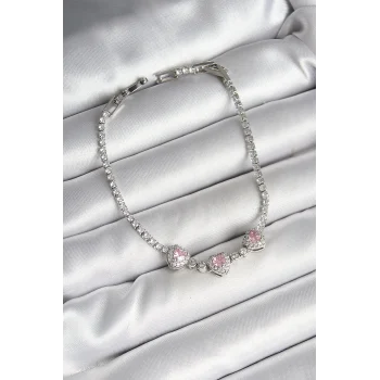 Pirinç Sıralı Pembe Kalp Figürlü Zirkon Taşlı Gümüş Renk Kadın Bileklik