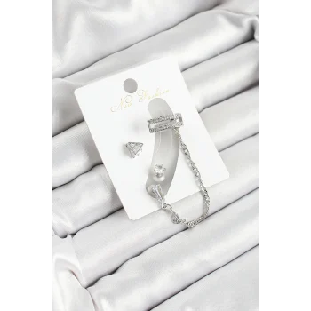 Pirinç Üçgen Figürlü Zirkon Taşlı Gümüş Renk 3lü Kıkırdak Kadın Küpe Set