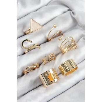 Pirinç Üçgen Model Gold Renk Kadın Yüzük Kombin Set