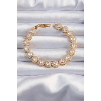 Pirinç Vip Seri Gold Renk Zirkon Taşlı Kalp Model Bileklik