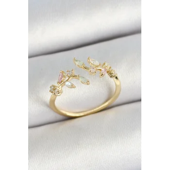 Pirinç Yaprak Figürlü Zirkon Taşlı Gold Renk Ayarlanabilir Kadın Yüzük