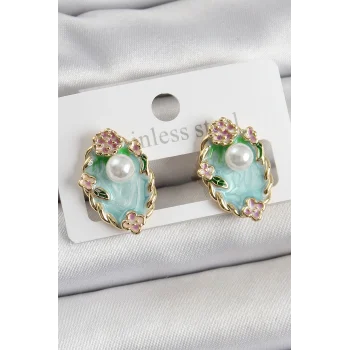 Pirinç Yeşil Mineli İnci Detaylı Sanatsal Portre Model Gold Renk Kadın Küpe