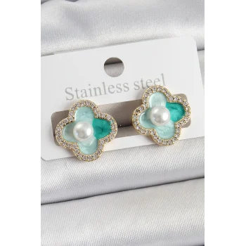 Pirinç Yeşil Mineli İnci Detaylı Zirkon Taşlı Sanatsal Portre Yonca Model Gold Renk Kadın Küpe