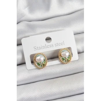 Pirinç Yeşil Mineli Lale Figürlü Sanatsal Portre Model Gold Renk Kadın Küpe