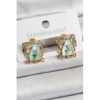 Pirinç Yeşil Mineli Sanatsal Portre Model Gold Renk Kadın Küpe