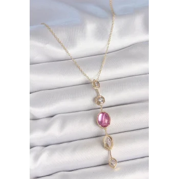 Pirinç Zincir Gold Renk Pembe Zirkon Taşlı Y Kolye