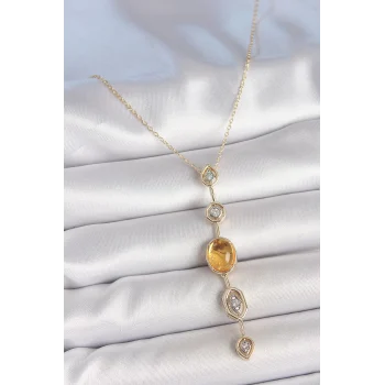 Pirinç Zincir Kehribar Sarı Gold Renk  Zirkon Taşlı Y Kolye